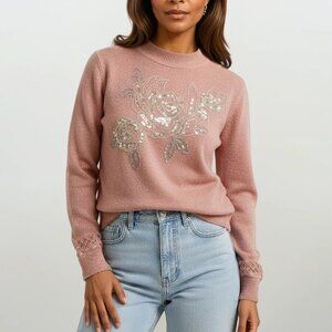 Alfred Dunner Sequined Mock Neck Sweater in Metallic Light Coral